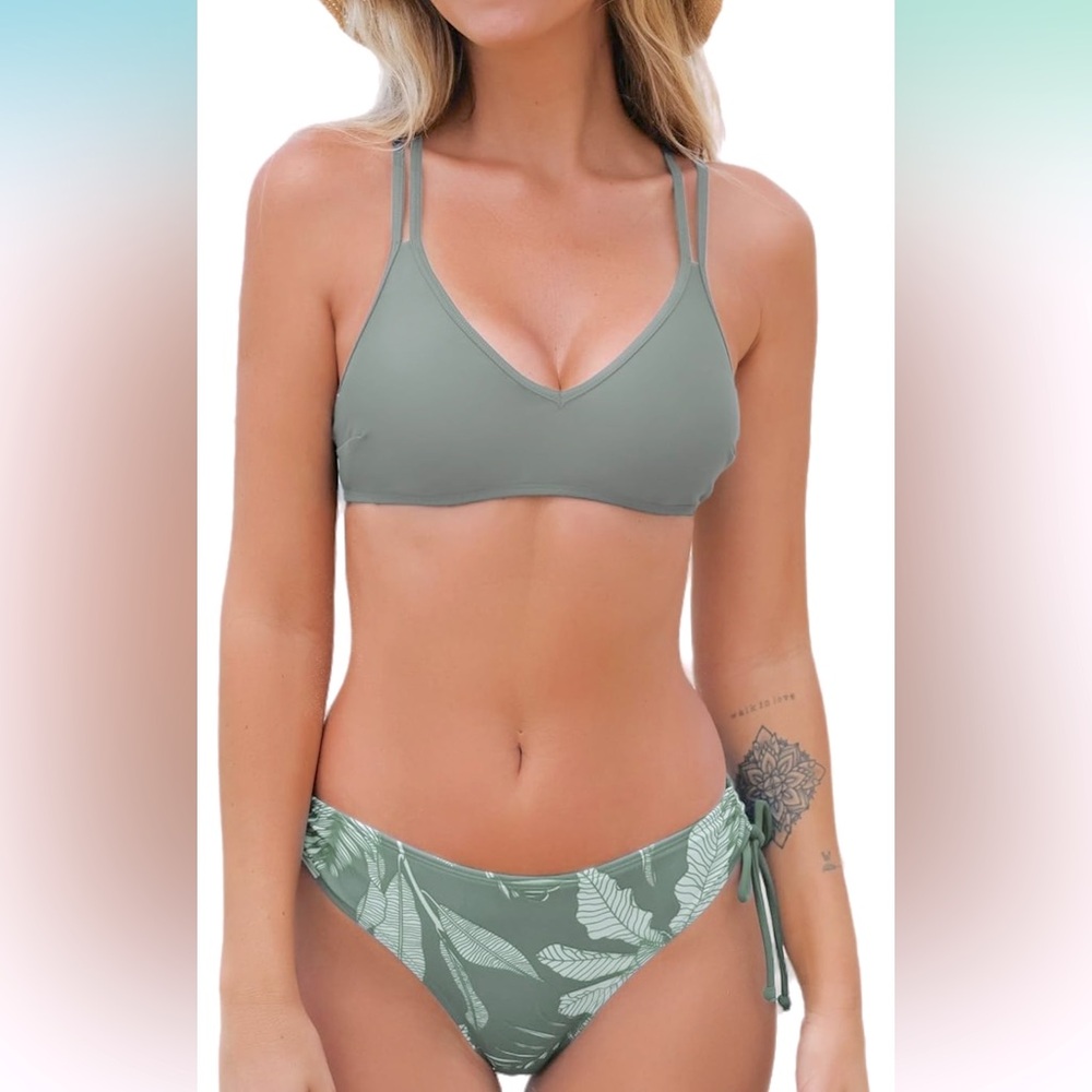 NWT CUPSHE Tropical Bikini Criss Cross Back w/Double Spaghetti Straps, Size XS
